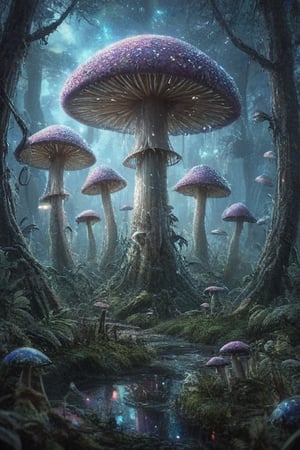 Iridescent mushroom forest, threatening, aliens, extremely detailed, , horror, gore, terror, fear, hopelessness, despair, Fujichrome Provia 100F, F/8, RTX, photolab,more detail XL,glitter,style,shiny