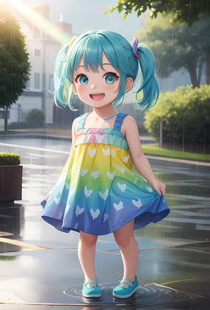Girl, child, blue hair with loose  green on, (multi coloured hair), aqua eyes, open mouth, smiling,  rainbow pattern dress, playing in the rain, sunny, light ray, looking at viewer, full body 