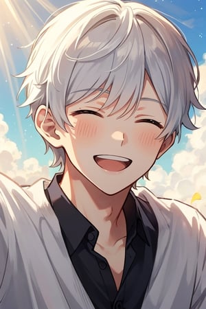 masterpiece, hd, 8k, picture of a boy, solo, white hair, closed  eyes, handsome,big smile, honest and beautiful smile, open mouth,  kind expression, bright sunshiny day, light rays, light particles, high quality , very close view, face sized picture 