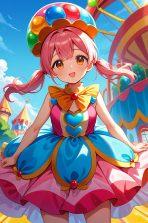 A young girl, resplendent in a candy-themed costume, with a lollipop hat and gumball-patterned dress, stands proud amidst the vibrant hues of an amusement park. Her bright pink hair styled in pigtails, she grasps a giant stuffed animal as the warm sunlight casts a golden glow on her joyful face.