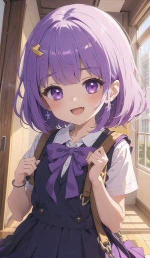 Details++,1girl, loli,,solo,purple bright eyes,purple multicolored_hair,short wavey hair,bangs,hair ornaments,jewelry, school uniform,smile,open mouth,cute_fang,upper body,close view