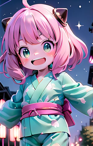 anya, solo, pink hair, bright excited green eyed, yukata, mouth open, smile, excited, Japanese festival, out doors, night time, sparkling, close,