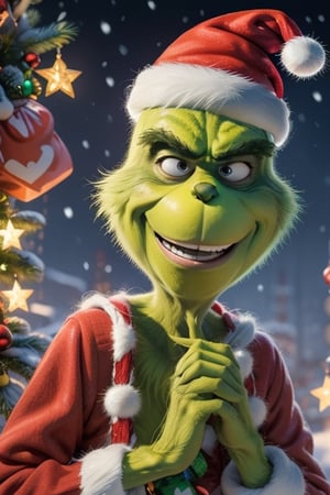 Grinch,at a Christmas party, with a stolen bag of Christmas presents, has a mischievous smile that is running from cheek bone to cheek bone, mouth closed ,animal focus