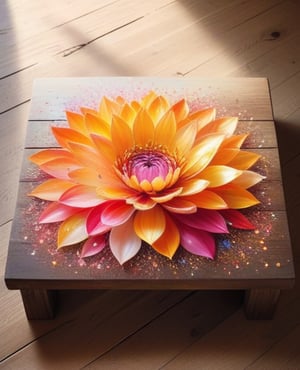 A stunning, solo bloom sits prominently on a rustic wooden table, its captivating beauty illuminated by soft, warm sunlight. The multi-colored petals dance across the frame, with vibrant hues of pink, yellow, and orange swirling together in a mesmerizing display.,glitter