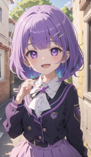 Details++,1girl, loli,,solo,purple bright eyes,purple multicolored_hair,short wavey hair,bangs,hair ornaments,jewelry, school uniform,smile,open mouth,cute_fang,upper body,high resolution 