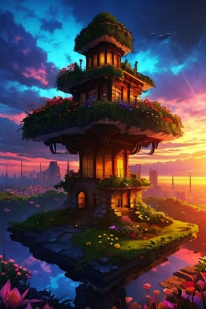 High detailed  , picture of the most beautiful nature city, building are made of green beautiful plants, area is surrounded by various flowers, multi colored sky, light rays ,mysticlightKA, full view, at dawn ,Isometric_Setting