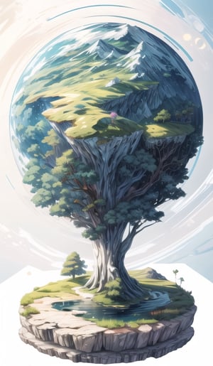 (best quality), (4k resolution), creative illustration of a miniature world on a white pedestal. The world is a green sphere with various natural and artificial elements. There is a river, trees, mountains, and a small house on the sphere. The image has a minimalist style with a light color palette that creates a contrast with the white background