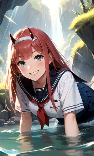 Zero Two, school uniform, playing in a river, mountain cave, smiling, tilted head, light rays 