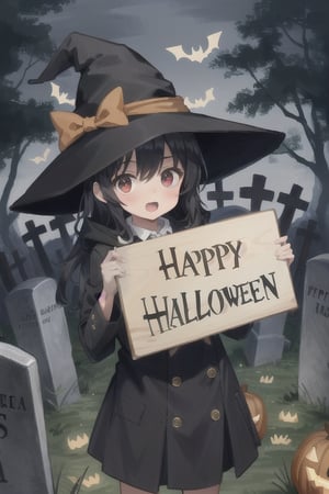 Masterpiece, girl, child, solo, black hair, red eyes, graveyard entrance, scared, , shaking holding up a sign saying "HAPPY HALLOWEEN",, extreme background high quality, great detail , Halloween , looking at viewer 