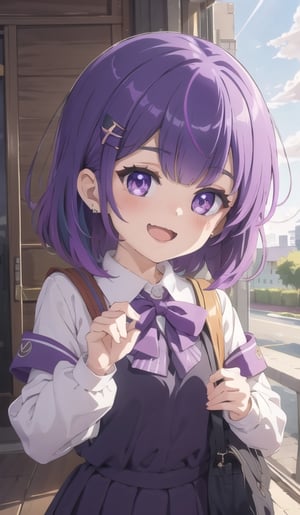 Details++,1girl, loli,,solo,purple bright eyes,purple multicolored_hair,short wavey hair,bangs,hair ornaments,jewelry, school uniform,smile,open mouth,cute_fang,upper body,close view