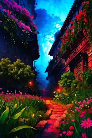 High detailed  , picture of the most beautiful nature city, buildings are made of green beautiful plants, area is surrounded by various flowers, multi colored sky, light rays ,mysticlightKA, full view, at dawn ,ninjascroll