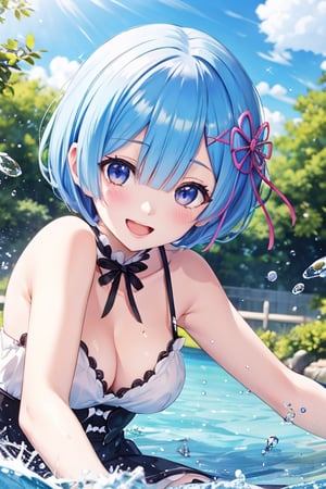 Rem , smiling, open mouth, water droplets, splash, playing in rever, sunny day ,sparkling, plants,  , close view, high quality, anime,nayutaren