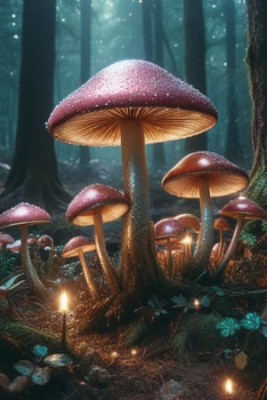 Iridescent mushroom forest, threatening, aliens, extremely detailed, , horror, gore, terror, fear, hopelessness, despair, Fujichrome Provia 100F, F/8, RTX, photolab,more detail XL,glitter,style,shiny