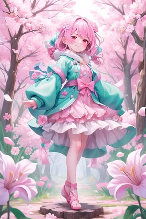 In a whimsical forest carpeted with vibrant sakura blossoms, a boy with striking pink hair and a bright blue outfit walks amidst the gentle rustling of petals. His piercing red eyes, featuring two distinct irises, sparkle with joy as he smiles warmly. The wind whispers secrets, causing the delicate flowers to dance around him. Framed in front view, his entire figure is bathed in a soft, glowing light, blending fantasy and realism in a captivating anime-inspired scene.,1 girl