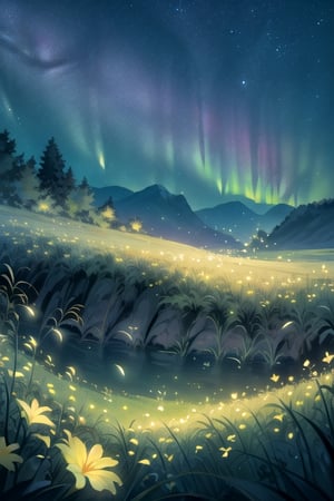 Masterpiece, ultra detail, high quality, 8k,wallpaper, beautiful meadow, various kinds of flowers, with the best star gazing view, beautiful night sky, stars that have a breath taking pattern, shooting stars, aurora, ,firefliesfireflies,night sky