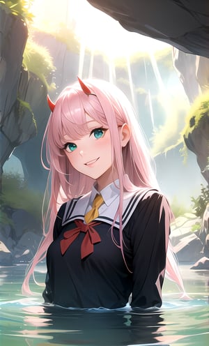 Zero Two, Pink hair, detailed green eyes, school uniform, playing in a river, mountain cave, smiling, tilted head, light rays , realistic
