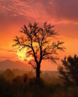 A serene outdoor scene at sunset: a majestic tree stands tall, its branches stretching towards the sky as the sun dips below the horizon. The cloudy sky is painted with hues of orange and pink, casting a warm glow on the landscape. The tree's silhouette against the vibrant sky creates a striking composition, inviting contemplation amidst nature's peaceful ambiance.