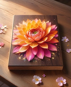A stunning, solo bloom sits prominently on a rustic wooden table, its captivating beauty illuminated by soft, warm sunlight. The multi-colored petals dance across the frame, with vibrant hues of pink, yellow, and orange swirling together in a mesmerizing display.,glitter