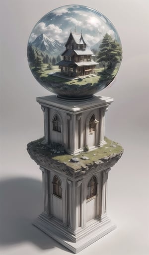 (best quality), (4k resolution), creative illustration of a miniature world on a white pedestal. The world is a green sphere with various natural and artificial elements. There is a river, trees, mountains, and a small house on the sphere. The image has a minimalist style with a light color palette that creates a contrast with the white background