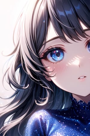 Masterpiece, ultra resolution, highly detailed, close up,1girl,beautiful, bright blue eyes,scattered, curly hair,face only,looking at viewer ,moonster,glitter