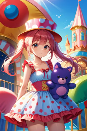 A young girl dressed in a vibrant candy-themed costume, complete with a lollipop hat and gumball-patterned dress, stands out against the colorful backdrop of an amusement park. She holds a giant stuffed animal, her bright pink hair styled in pigtails, as the sun casts a warm glow on the scene.,Enhance