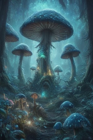 Iridescent mushroom forest, threatening, aliens, extremely detailed, , horror, gore, terror, fear, hopelessness, despair, Fujichrome Provia 100F, F/8, RTX, photolab,more detail XL,glitter,style