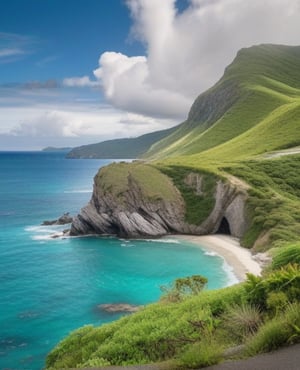 A serene oceanside scene: a cloudy sky with wispy clouds stretching across the horizon, reflecting off the calm turquoise waters below. A winding road disappears into the distance, flanked by lush greenery and rocky outcroppings, as far as the eye can see.