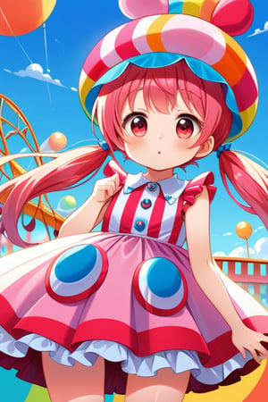 A young girl dressed in a vibrant candy-themed costume, complete with a lollipop hat and gumball-patterned dress, stands out against the colorful backdrop of an amusement park. She holds a giant stuffed animal, her bright pink hair styled in pigtails, as the sun casts a warm glow on the scene.