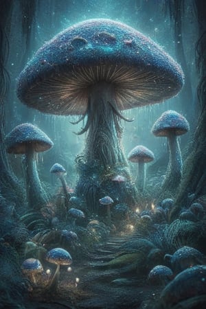 Iridescent mushroom forest, threatening, aliens, extremely detailed, , horror, gore, terror, fear, hopelessness, despair, Fujichrome Provia 100F, F/8, RTX, photolab,more detail XL,glitter,style