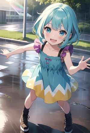 Girl, child, blue hair with green marks on it,(multi coloured hair), aqua eyes, open mouth, smiling,  rainbow pattern dress, playing in the rain, sunny, light ray, looking at viewer, full body 