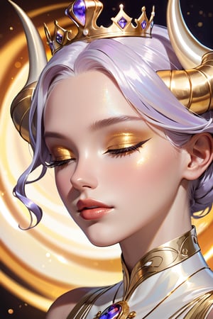 head portrait, pearlescent, golden aura, eyes closed, eyelashes, horns, crown, royalty, beautiful lips