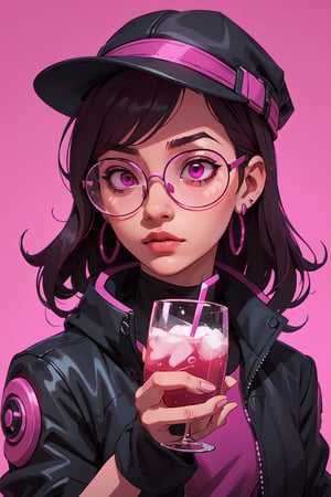 masterpiece,best quality,,saibo,1girl,cyberpunk,hat,earrings,glasses,drinking,magenta background,,
