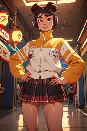 lifen,single hair bun,brown hair,brown eyes,hands on hips,eyewear on head,headphones,wyellow and white jacket,long sleeves,kneehighs,shorts under skirt,chinatown,arcade,indoors,solo,standing,upper body,smile,(insanely detailed, beautiful detailed face,, masterpiece, best quality) cinematic lighting,,,
