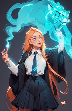 1girl, (caucasian skin), (( 20 years old)), cowboy shot, retro style, visualizer, spell expect patronum: translucent liger consisting of blue light, hogwarts student, in left hand magic stick with magical lights, straight_hair, very_long_hair, Light ginger hair, realistic blue eyes, smiling, long black wizard's magic cape with wide sleeves, pleated school black skirt, white shirt with tie, perfect body, perfect hips, perfect breasts, perfect ass, perfect makeup, sensual facial expression, cyan magic edge glow, leg_spread, full_body, perfect legs, perfect hands, perfect hair,
