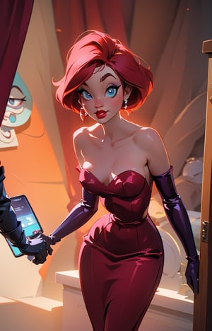 (JessicaWaifu:1),1girl, cute, looking at viewer, (jessica rabbit wavy red long hair, blue eyes), (red dress), (strapless dress, elbow gloves, orgasm face, red lips, makeup, cleavage), ((extremely curvy)), sexy, leaning forward, breast focus, sexy face, charming face,(detailed ladscape, backstage, dressing room, glamour:1.2), (background), (dynamic_angle:1.2), (dynamic_pose:1.2), (rule of third_composition:1.3), (dynamic_perspective:1.2), (dynamic_Line_of_action:1.2), solo, wide shot,(masterpiece:1.2), (best quality, highest quality), (ultra detailed), (8k, 4k, intricate),(full-body-shot:1), (Cowboy-shot:1.2), (50mm), (highly detailed:1.2),(detailed face:1.2), detailed_eyes,(gradients),(ambient light:1.3),(cinematic composition:1.3),(HDR:1),Accent Lighting,extremely detailed CG unity 8k wallpaper,original, highres,(perfect_anatomy:1.2) ,SAM YANG, 3DMM, Detailedface, Detailedeyes,hourglass body shape,Bulma_DB,MASTURBATION,2dcharacter,cherucot,tenletters,Jasmine,venusbody