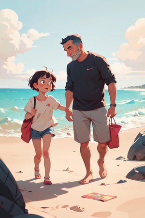 Snatti style,illustration of a dad an his girl playing on the beach,art by Atey Ghailan,,masterpiece,
