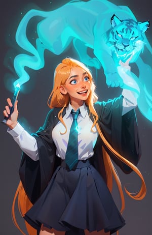 1girl, (caucasian skin), (( 20 years old)), cowboy shot, visualizer, spell expect patronum: translucent liger consisting of blue light, hogwarts student, in left hand magic stick with magical lights, straight_hair, very_long_hair, Light ginger hair, realistic blue eyes, smiling, long black wizard's magic cape with wide sleeves, pleated school black skirt, white shirt with tie, perfect body, perfect hips, perfect breasts, perfect ass, perfect makeup, sensual facial expression, cyan magic edge glow, leg_spread, full_body, perfect legs, perfect hands, perfect hair,SAM YANG