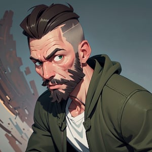 (A_Rostov_Style:0.9), (upper body shot:1.9), (skinny man with round:1.6) in green jacket, alcoholic, swollen face, broken face, short grey hair, beard, flirty dynamic pose, rough brush strokes, soothing tones, calm colors, 
