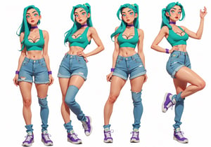 1girl, (caucasian skin), (( 20 years old)),retro style, visualizer, cleavage cutout, straight_hair, very_long_hair, blue hair with a green streak in the front_hair, high ponytail hairstyle, realistic blue eyes_heterochromia purple right eye, sneakers, denim shorts, nylon stockings on left leg, perfect body, perfect hips, perfect breasts, perfect ass, perfect makeup, sensual facial expression, leg_spread, full_body, perfect legs, perfect hands, perfect hair,SAM YANG,3DMM