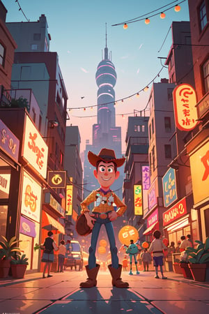 Craft a delightful 3D Pixar character,akin to the magic of Toy Story,set in a digital illustration of a bustling cityscape at dusk. Imagine hues of cool blues and warm oranges. The character,with a mischievous grin,navigates the urban landscape filled with animated objects,
