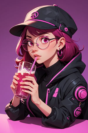 masterpiece,best quality,,saibo,1girl,cyberpunk,hat,earrings,glasses,drinking,magenta background,,
