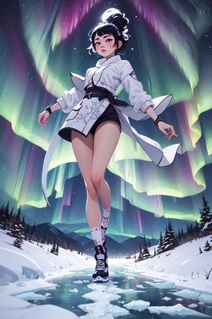 A girl walks on the icy and snowy road. (night, aurora:1.1), centered,  , absurdres, hyperrealistic, sharp focus, (intricate details, hyperdetailed, dynamic posing:1.1),  (art by Harumi Hironaka), , scenery
