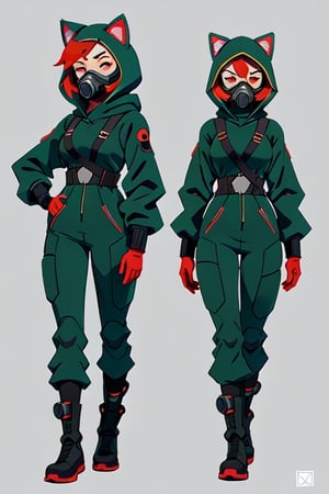 short red hair, 30 year old, gas masked woman, cyberpunk gas mask, t pose, facing foward, arms straight out to the sides, concept character, full body, black hoodie with cat ear hood, hood up, green pants, boots, pixar animation style