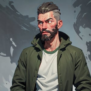 (A_Rostov_Style:0.9), (upper body shot:1.9), (skinny man with round:1.6) in green jacket, alcoholic, swollen face, broken face, short grey hair, beard, flirty dynamic pose, rough brush strokes, soothing tones, calm colors, 
