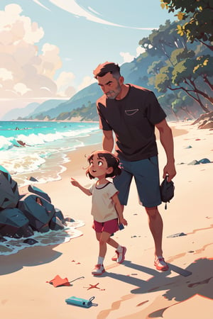 illustration of a dad an his girl playing on the beach,art by Atey Ghailan,,masterpiece,
