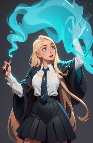 1girl, (caucasian skin), (( 20 years old)), cowboy shot, retro style, visualizer, hogwarts student, straight_hair, very_long_hair, blonde hair, realistic blue eyes, long black wizard's magic cape with wide sleeves, pleated school black skirt, white shirt with tie, perfect body, perfect hips, perfect breasts, perfect ass, perfect makeup, sensual facial expression, cyan magic edge glow, leg_spread, full_body, perfect legs, perfect hands, perfect hair,