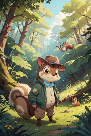 Beatrix Potter hand drawn style,art by Randolph Caldecott,a squirrel in a fashionable fedora and bomber jacket,reminiscent of Chip from Chip 'n Dale Rescue Rangers,looking at the audience,vast view of dense woodland in the background,
