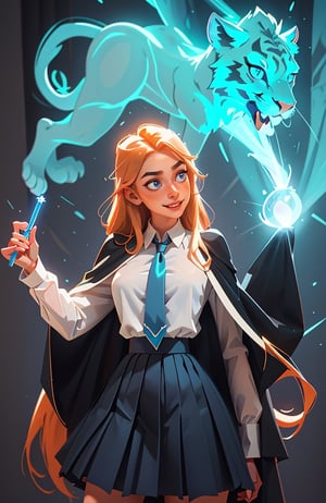 1girl, (caucasian skin), (( 20 years old)), cowboy shot, visualizer, spell expect patronum: translucent liger consisting of blue light, hogwarts student, in left hand magic stick with magical lights, straight_hair, very_long_hair, Light ginger hair, realistic blue eyes, smiling, long black wizard's magic cape with wide sleeves, pleated school black skirt, white shirt with tie, perfect body, perfect hips, perfect breasts, perfect ass, perfect makeup, sensual facial expression, cyan magic edge glow, leg_spread, full_body, perfect legs, perfect hands, perfect hair,SAM YANG