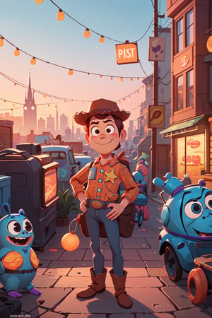 Craft a delightful 3D Pixar character, akin to the magic of Toy Story, set in a digital illustration of a bustling cityscape at dusk. Imagine hues of cool blues and warm oranges. The character, with a mischievous grin, navigates the urban landscape filled with animated objects
