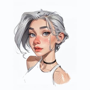 1girl, (caucasian skin), (( 20 years old)), portrait 3/4, grey eyes, grey hair, European and American cartoon, hand drawing,SAM YANG,DRAWING,cartoon